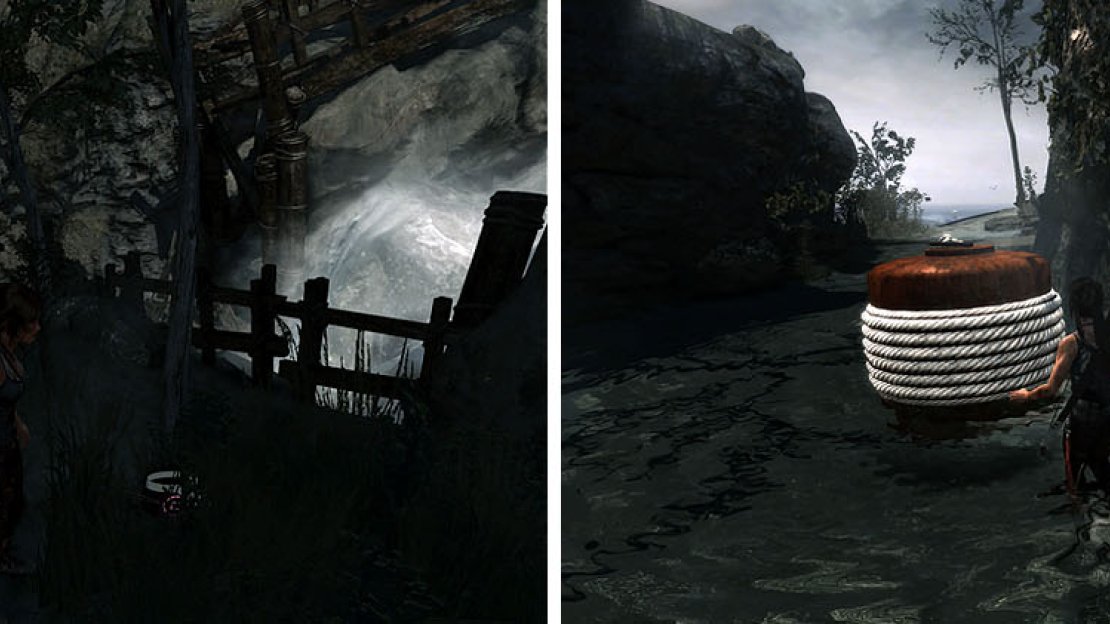 Look for the GPS Cache on one side of the road (left) and then drop into the water and move the buoy into place (right).