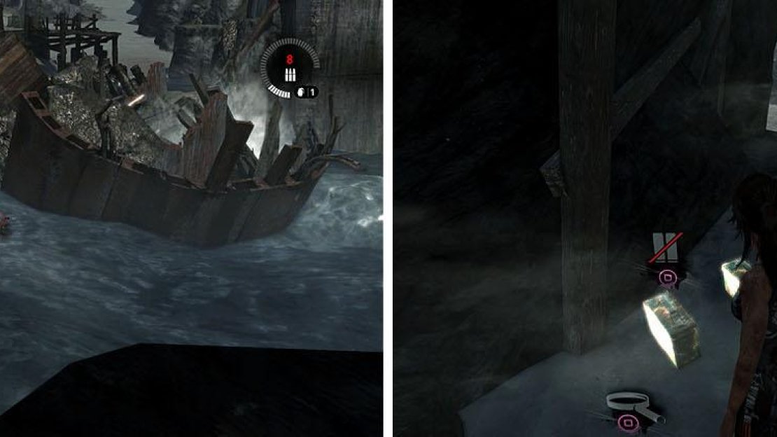 The Mine in the water is located near the wreckage (left) and the GPS Cache is behind the waterfall (right).