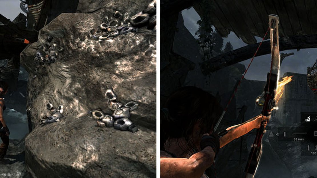 Use the rocks and pillars to reach the pier (left) and then follow the beach to find some salvage (right).