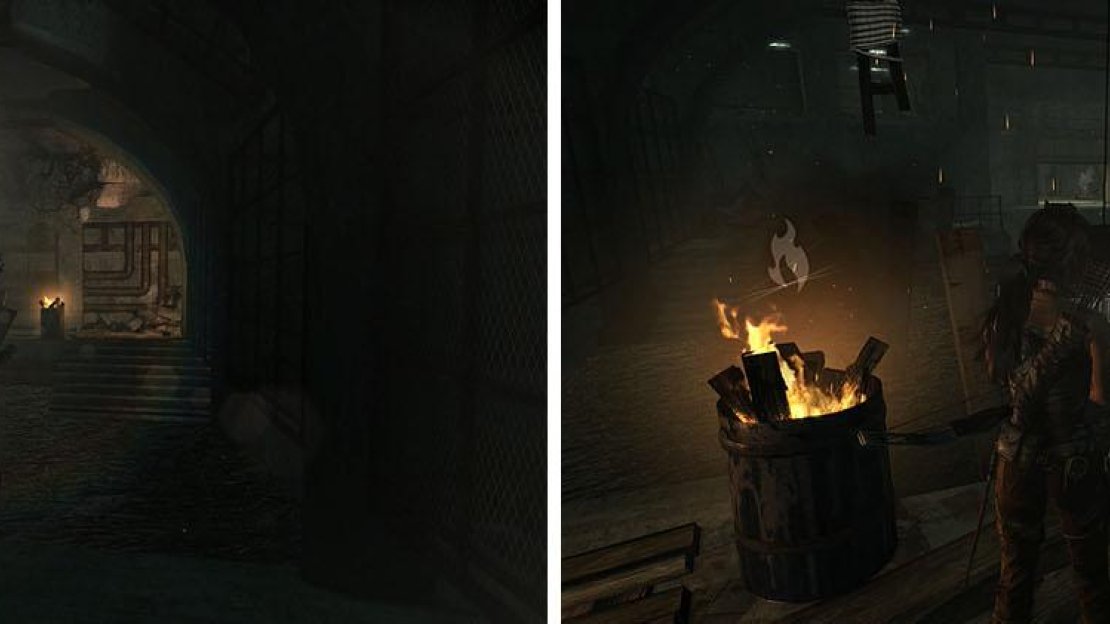 Raise the light on one side of the water to cross to the other side (left) and then do it again and place the raft under it to block the light (right).