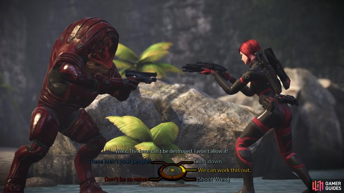 Your confrontation with Wrex will devolve, and only recovering his armor or succeeding at a Charm/Intimidate check will pacify
him.