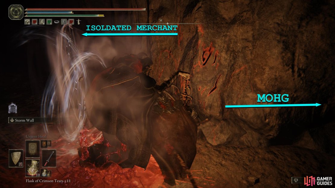 At the first intersection, a respawning NPC will appear. Left will take you to a merchant, right will take you to Mohg.