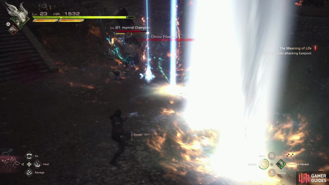 After you slog through hordes of imperials, you’ll be challenged by an Imperial Champion, who can use a variety of attacks with his massive hammer, including Divine Hammer.