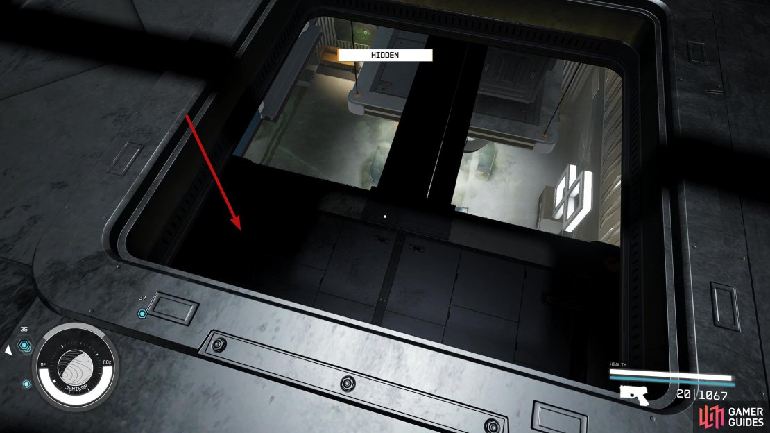 Drop through the hole to the platform below.