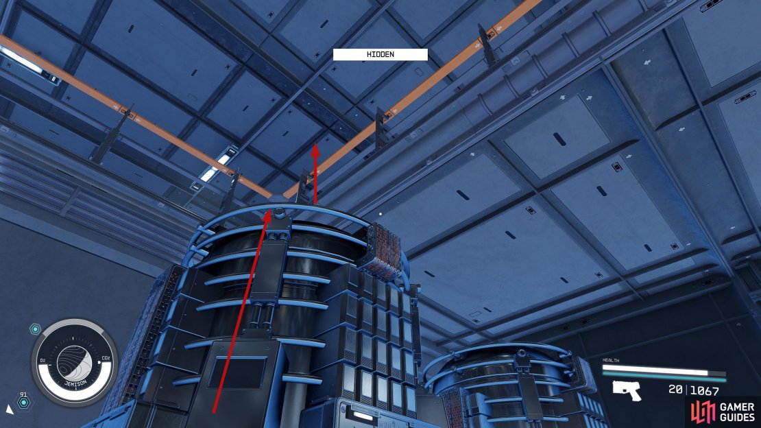 Climb the nearby machine and climb over the railing.