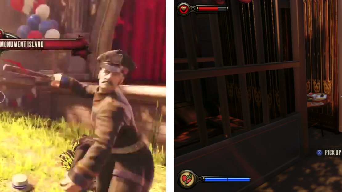 Fight your way through the policemen (left). Keep an eye out for the Voxophone between a pair of cages (right).