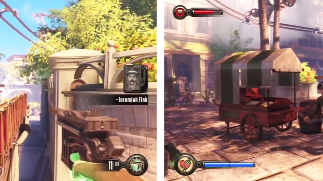 Possess the turret (left) and then hop down to confront the policemen (right).