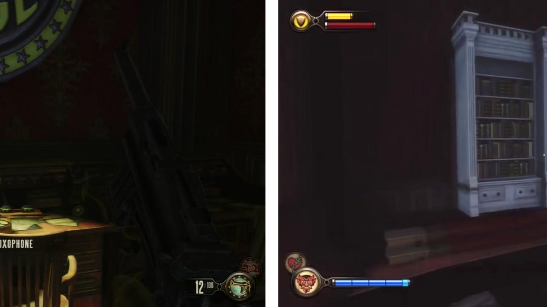 From the round table, look in the room to the left for a Voxophone (left) and interact with the bookcase (right) to find some Gear.