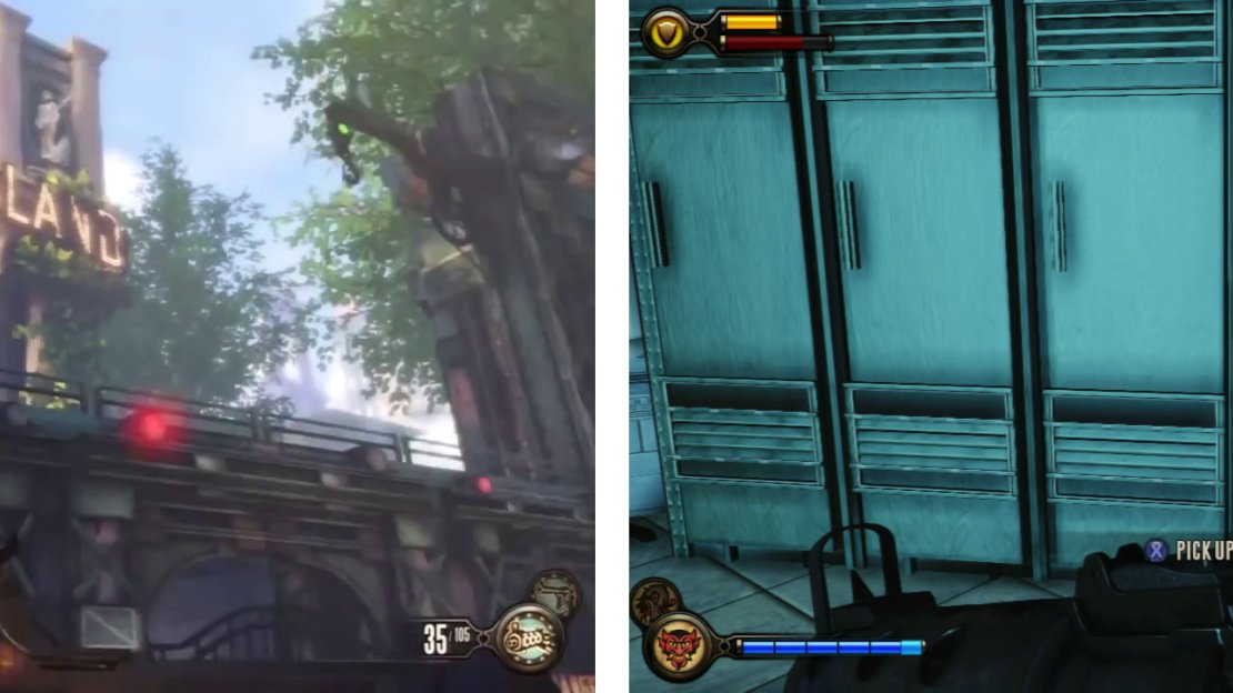 Use the hook to get over the locked gate (left). As you enter the builkding look in the open locker for a Voxophone (right).