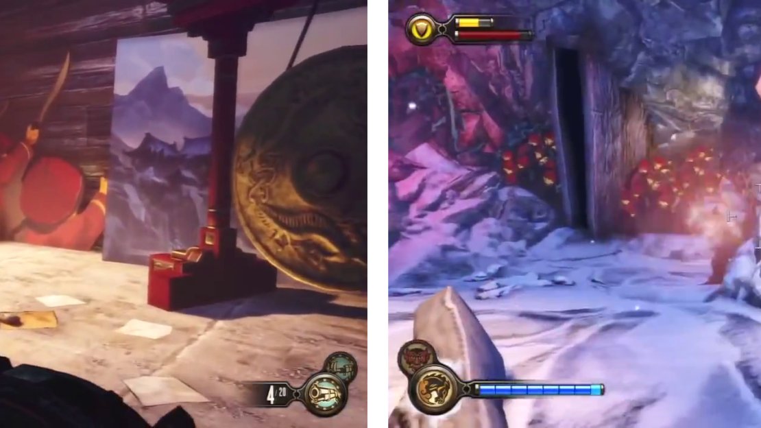Grab the piece of Gear (left) from a side room as you go through the exhibit before experiencing an ambush (right) in the final room.