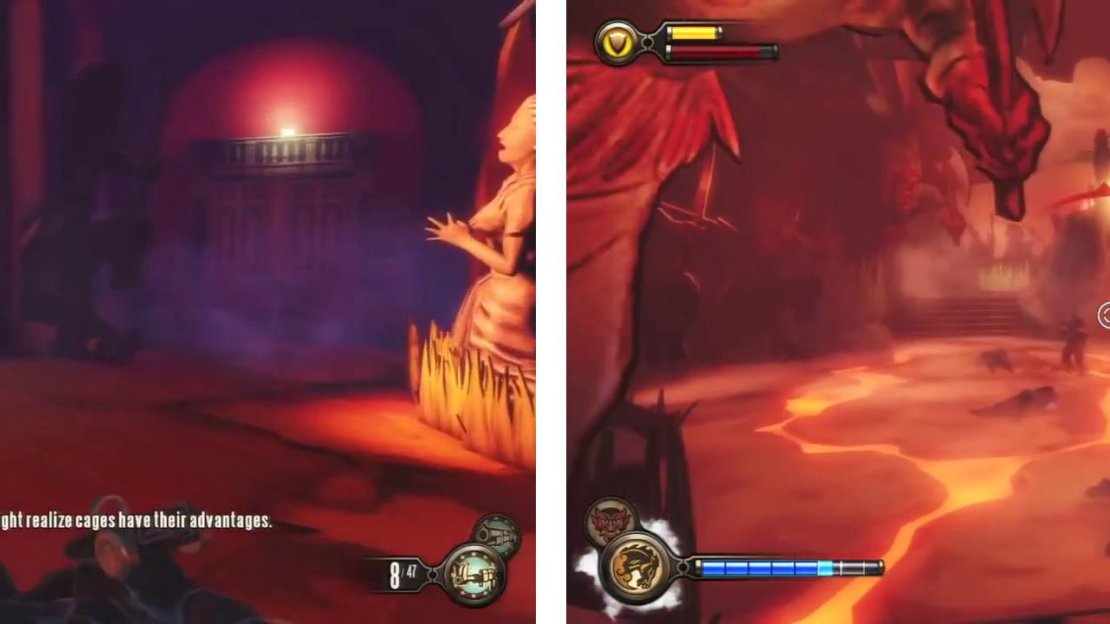 Grab the piece of Gear from a side room (left) as you go through the exhibit before experiencing an ambush (right) in the final room.