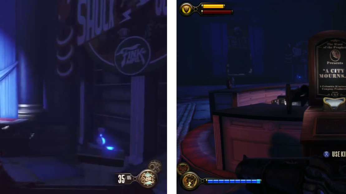 Defeat the Patriot (left) and then use the Kinetoscope in the centre of the room (right).
