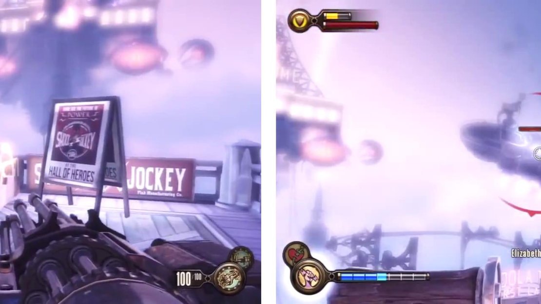 Activate the conduit by the gondola platform (left) and then fight off the enemy attackers (right).
