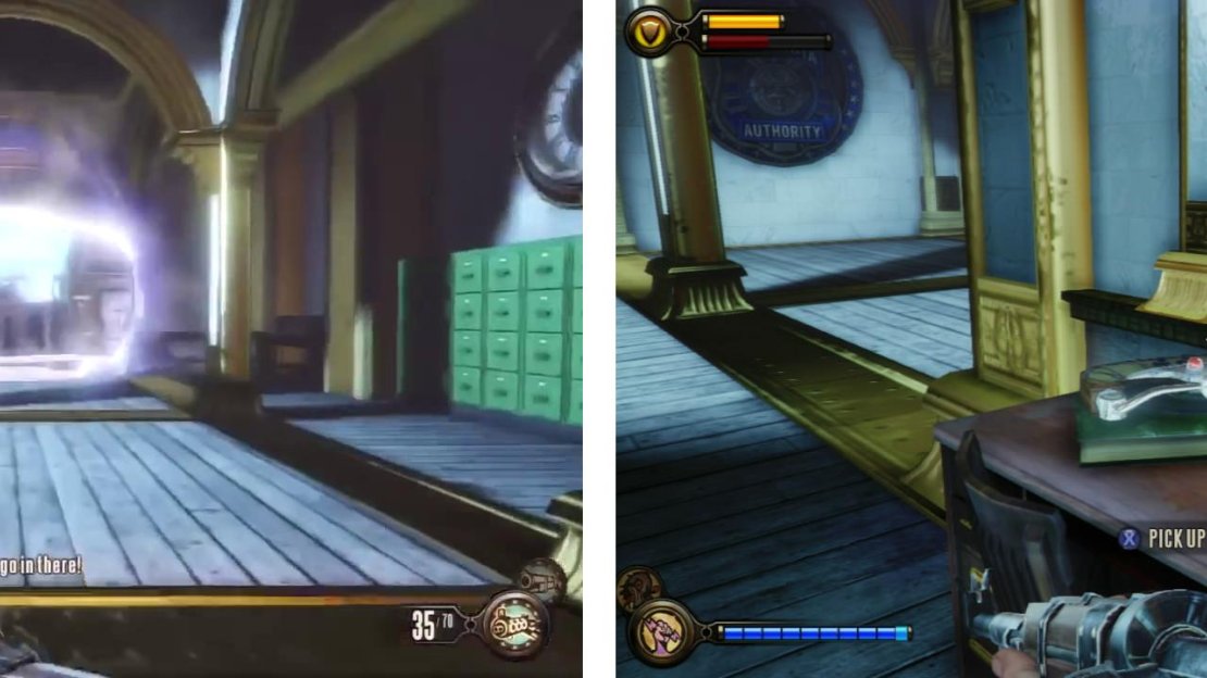 After watching Elizabeth entering this tear (left). Explore the room for a Voxophone (right)