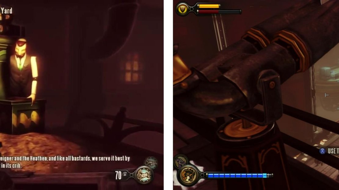 Keep an eye out for a piece of gear at the base of a broken vending machine (left). use the hooks to access a balcony with a Telescope (right).
