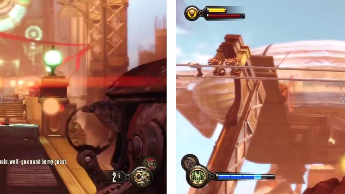 Fight your way across the platform (left). Then use the skylines to reach the zeppelin when it arrives (right).