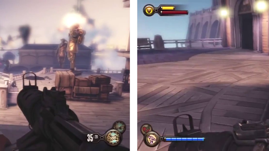 After clearing the plaza (left). Hit the power conduit by the door (right) to access a piece of Gear.