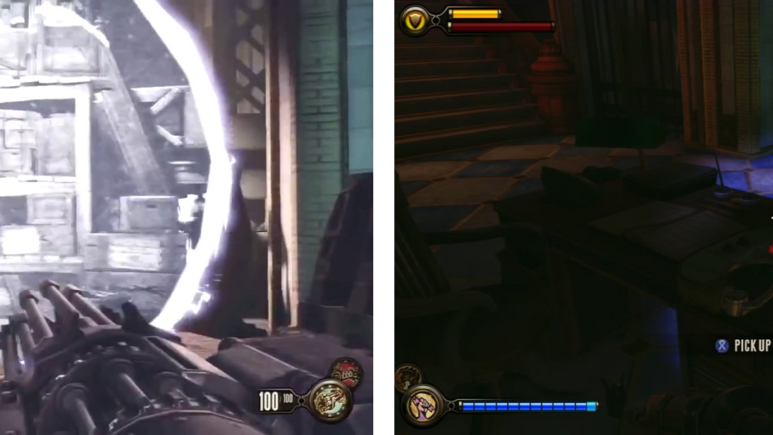 Have Elizabeth open the tear in the basement of the police impound (left). Grab the Voxophone (right) as you backtrack outside.