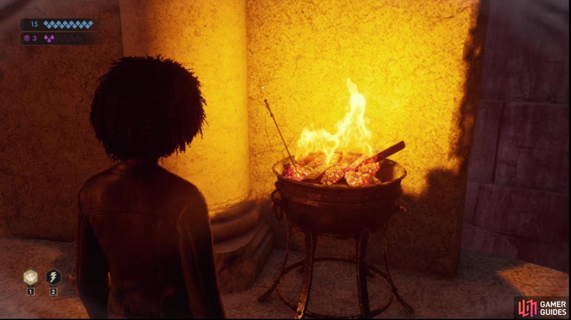 After solving all three elevator puzzles, examine a brand in a brazier to trigger a memory.