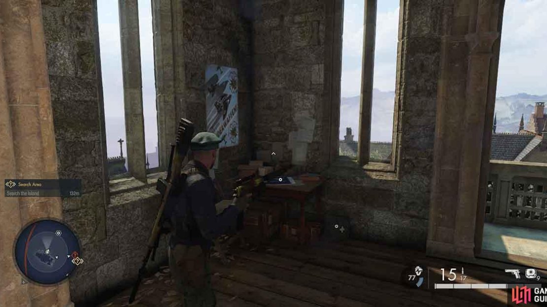 The document is on a table at the top of the church tower.