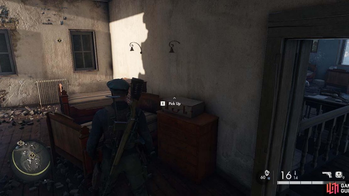 You’ll find the item in the ruins of the bedroom, as shown here.