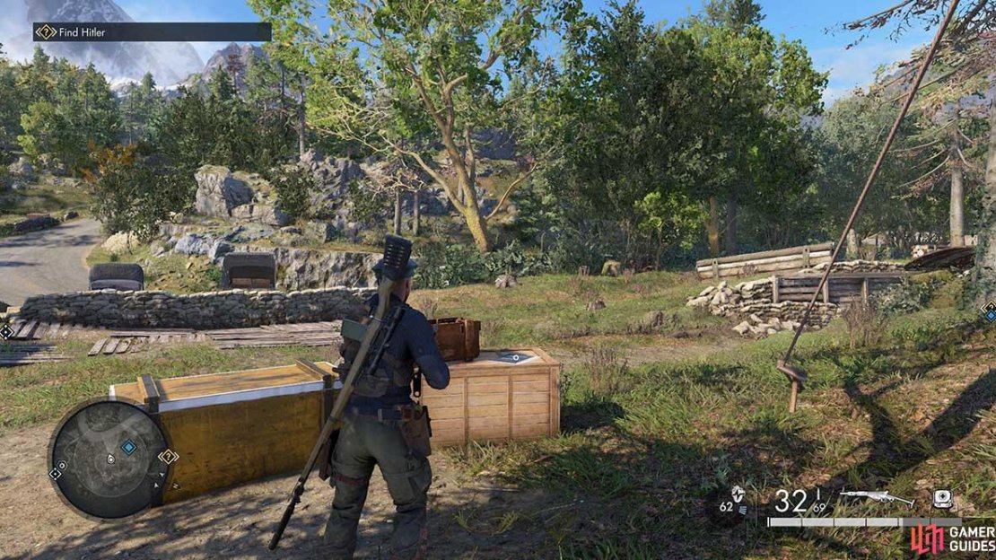 Locate the tents in the clearing and then check the top of the crate for the document.