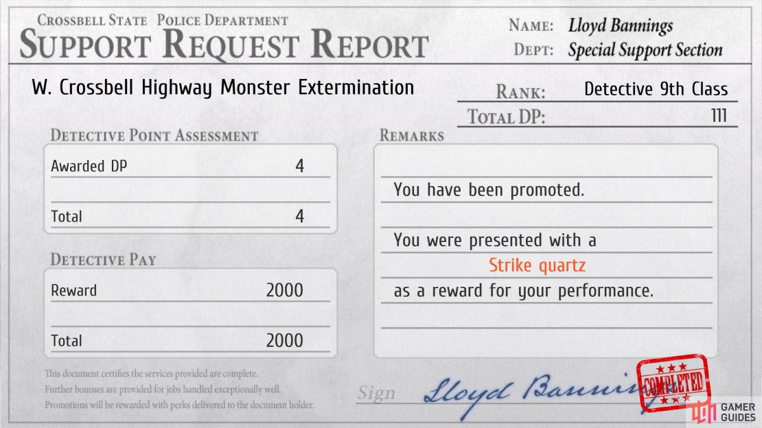 Report your Request completion at the computer to obtain the Strike Quartz