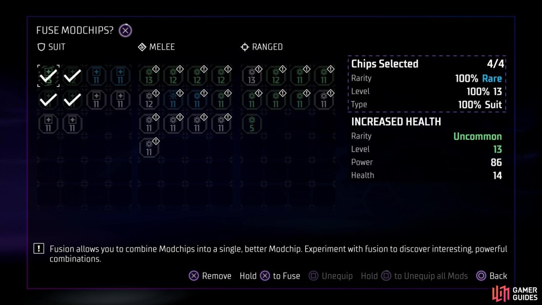 Select any four modchips to fuse them into a new modchip. The rarity, level and type of the fused modchips affects the resulting modchip.