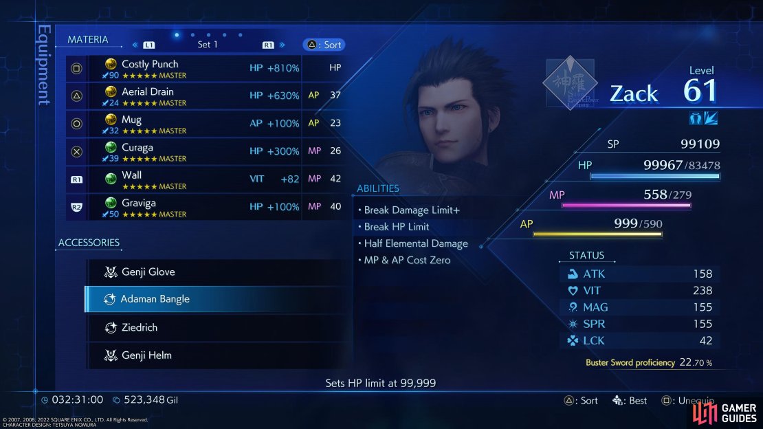 The Adaman Bangle will allow you to break the HP Limit in Crisis Core Reunion.