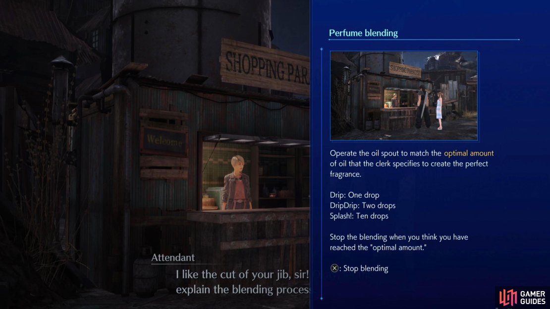 You can accept the perfume blending minigame by talking to the Shoppers Paradise attendant.