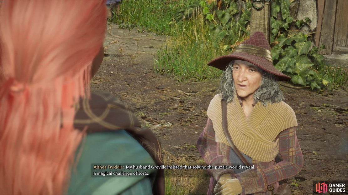 Althea Twiddle tells you about a puzzle-y statue nearby!