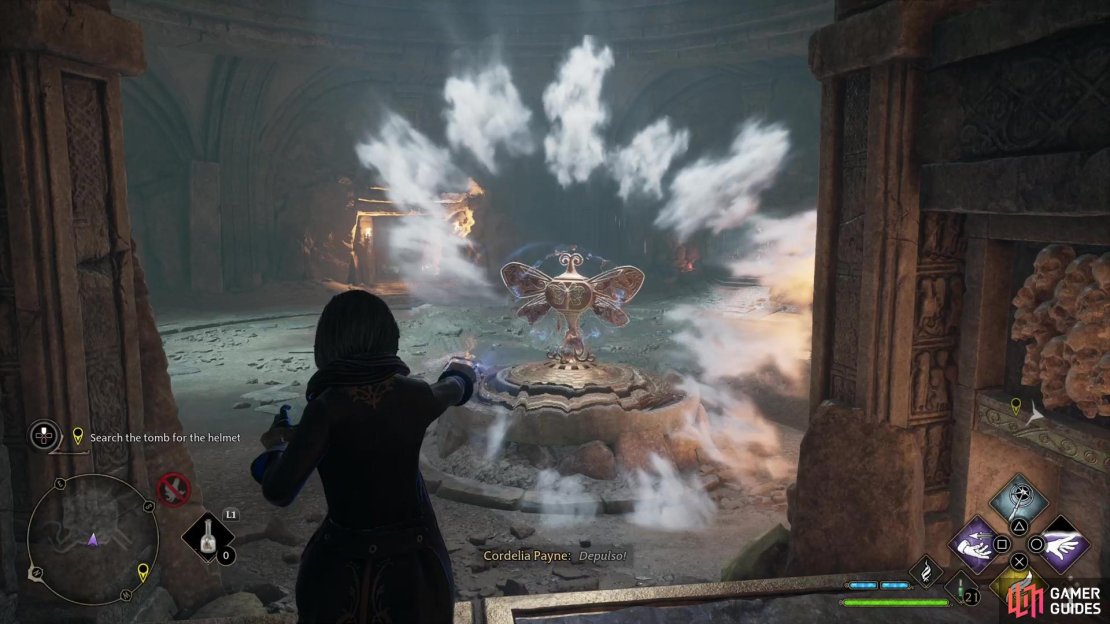 Stand on a platform between two ledges and hit the moth wheel with !Depulso repeatedly.
