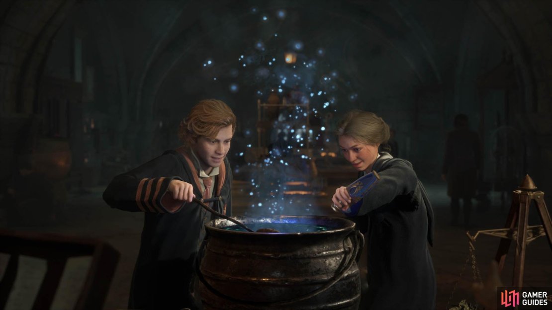 Two Hogwarts Legacy students brewing potions