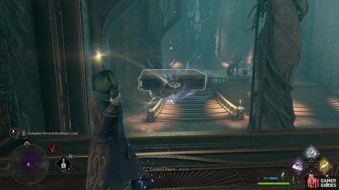 Use !Accio to pull a floating platform towards the footbridge, where it’ll allow you to access an arcane magic nexus.