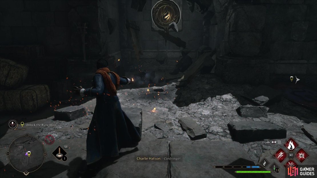 Blast away the rocks with !Confringo to the left of the rune door