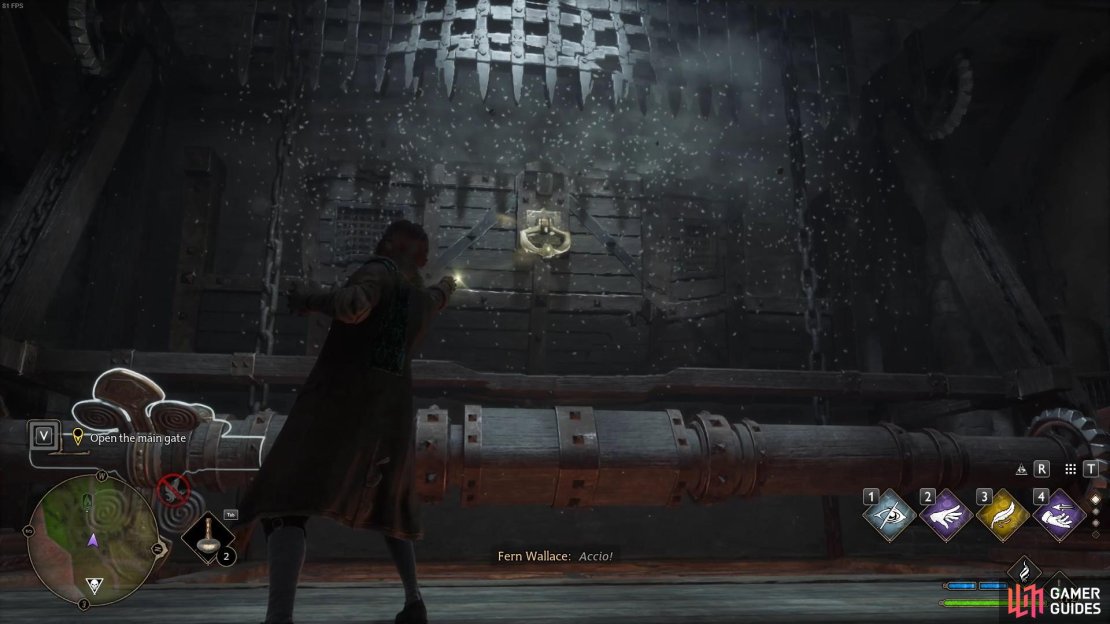 Lift the Portcullis and then Accio the wall handle to complete this stage of the High Keep quest in Hogwarts Legacy.
