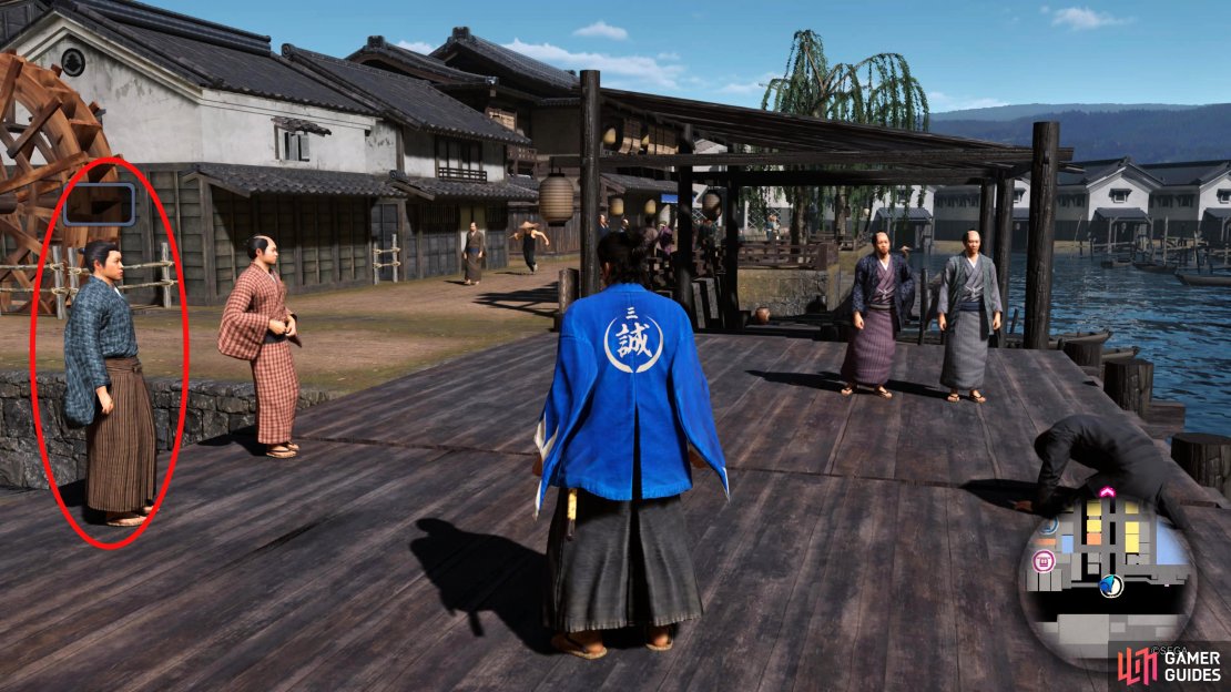 Talk to the man in front of the Black Ship sailor for his useless suggestion of Sake.