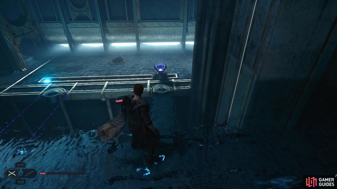 Stand on the bridge to pull the first Orb to you