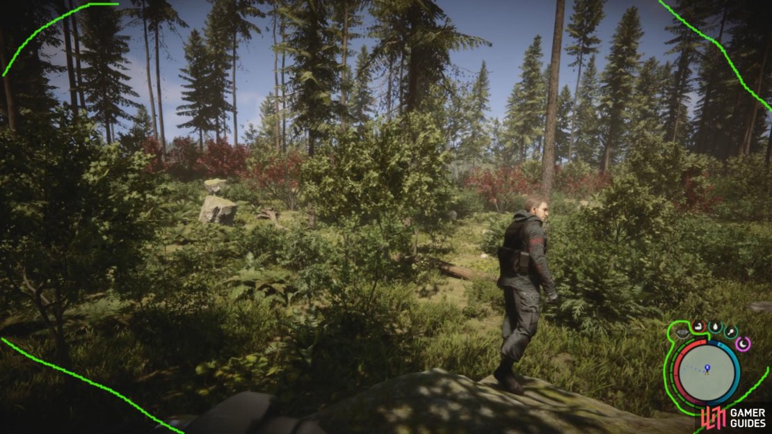 While leaf armor provides little defensive stats, it does put the player into stealth, as seen via the eye icon on the minimap, and the darkened corners of the screen. See image annotations for reference.