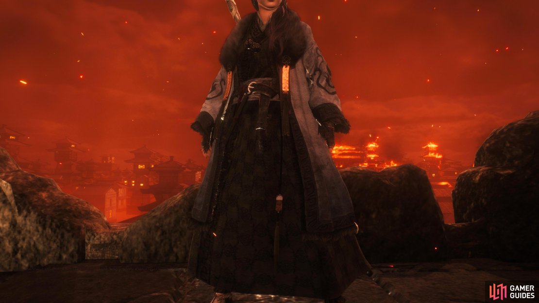 The Libationer Guo Overcoat consists of deep garments topped with a fur-lined overcoat.
