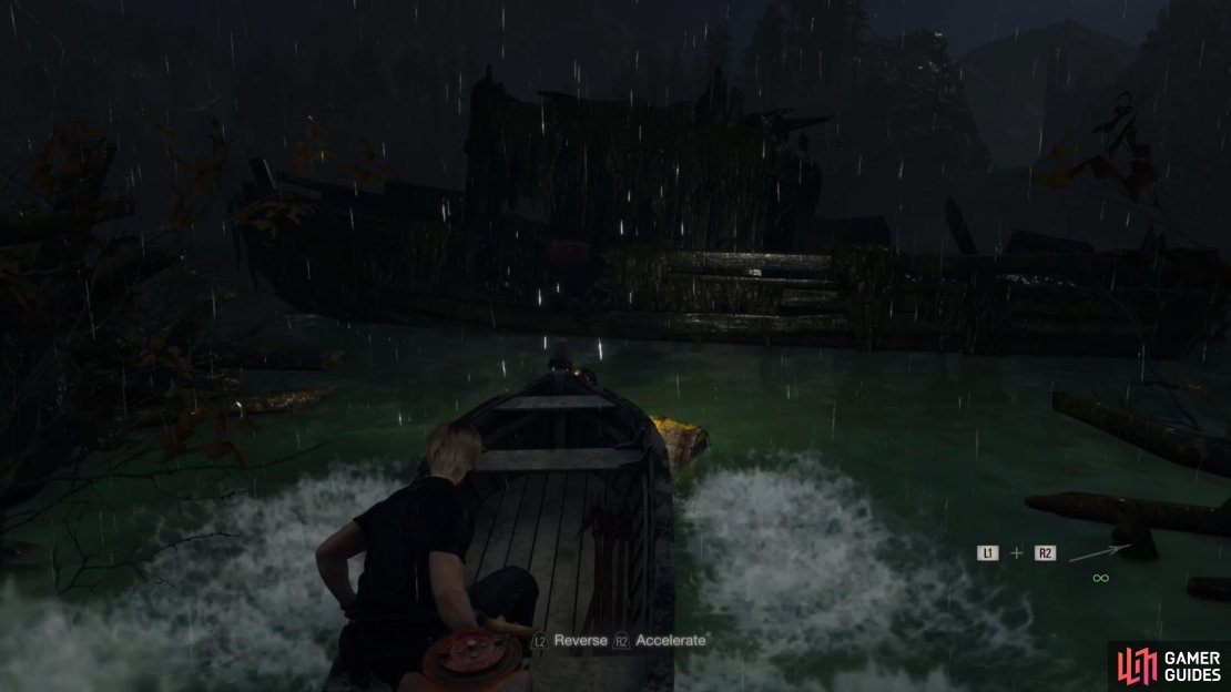 Use the boat to reach the shipwreck at the center of the lake