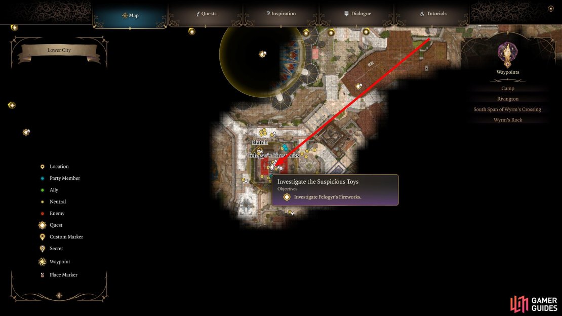 Felogyr’s Fireworks can be found in the southwest of the Lower City entrance.