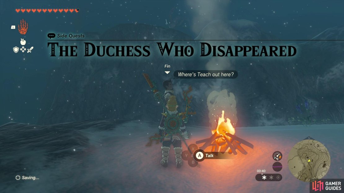 The Duchess Who Disappeared is a Side Quest in the Hebra region.