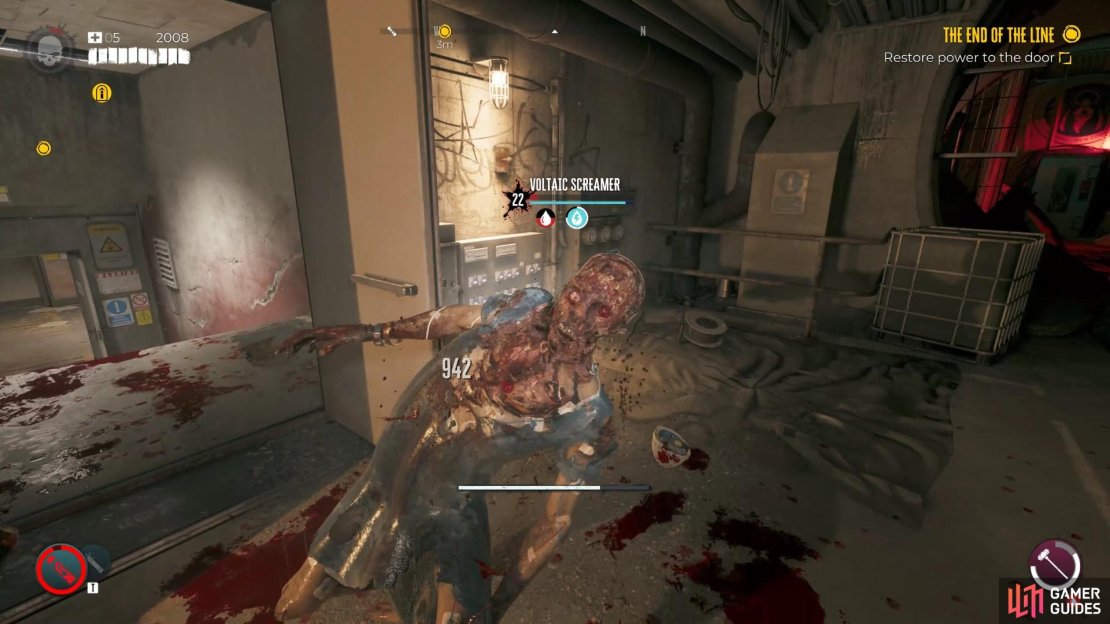You need to path through a flooded room and activate the power, but you need to deal with a Volatile Screamer who drops a skill card for her unique skill.
