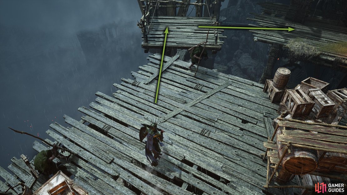Defeat the mages then jump onto the hanging platform onto the walkway.