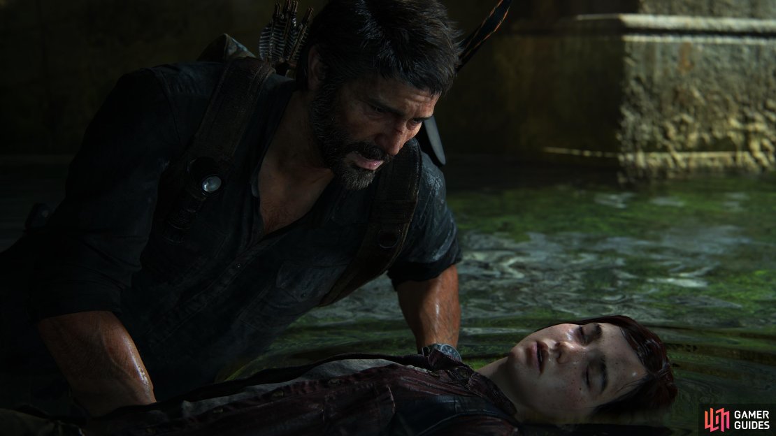 Joel tries to rescue Ellie from the water.