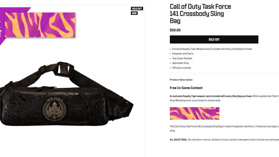 You’ll need to purchase the Call of Duty Task Force 141 Crossbody Sling Bag in order to obtain the Royalty Camo. Image via Activision.