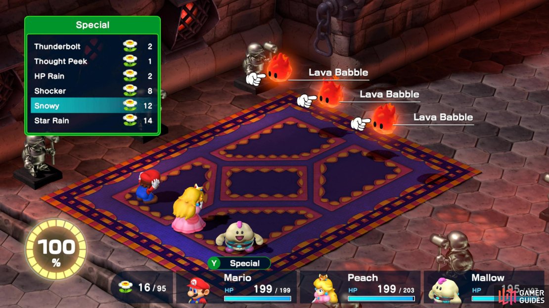 Battle Course 1 - Room 3 - Battle 1: The first fight in Room 3 is against three Lava Babbles.