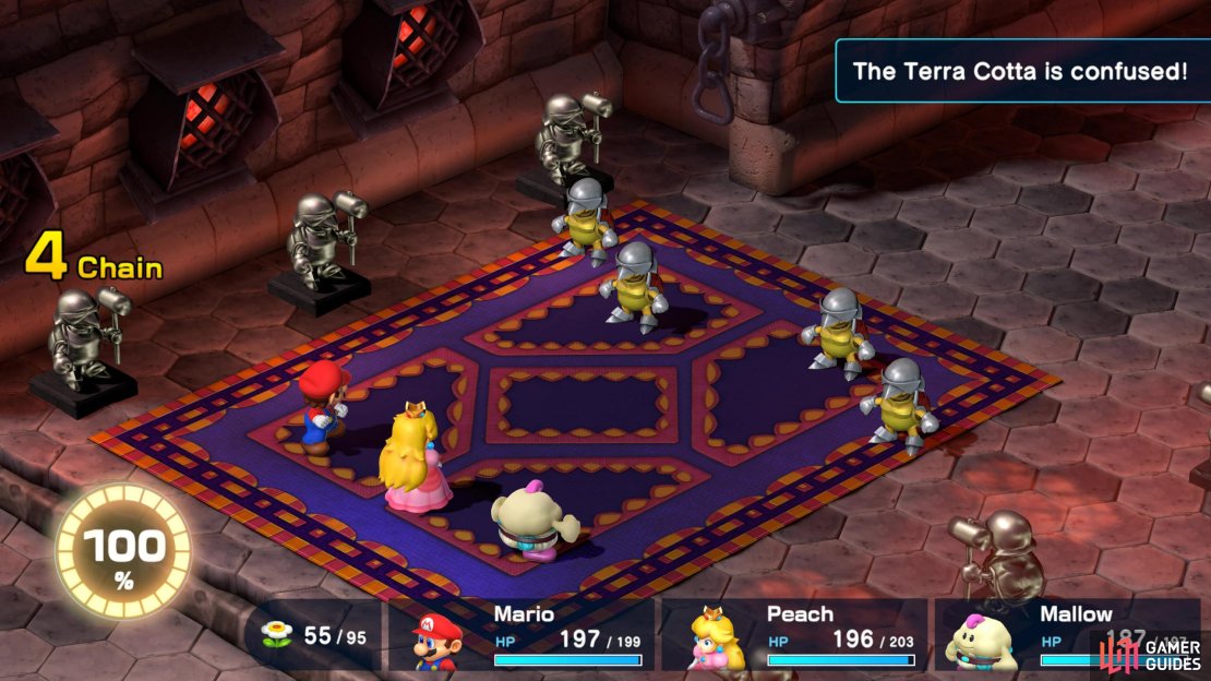 Battle Course 2 - Room 1 - Battle 1: The first fight in Room 1 is against four Terra Cottas.