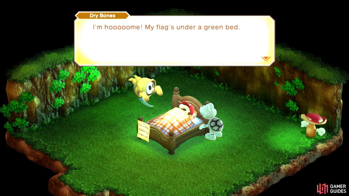 Dry Bones will mention the flag is hidden under a green bed.